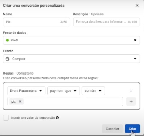 Como configurar métrica de Pix no Facebook Ads